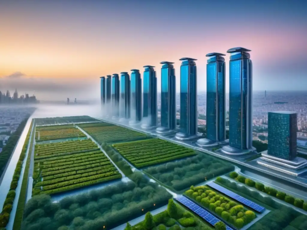 Complejo residencial futurista: diseño innovador en metrópolis 2023 Vista de un complejo residencial futurista con jardines en la azotea, paneles solares y tecnología inteligente integrada, reflejando la ciudad