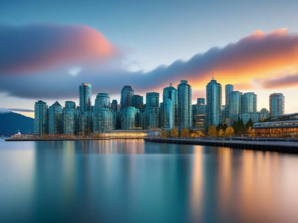 Horizonte moderno de Vancouver: progreso urbano sostenible al atardecer Vista detallada de Vancouver al atardecer, resaltando su arquitectura innovadora