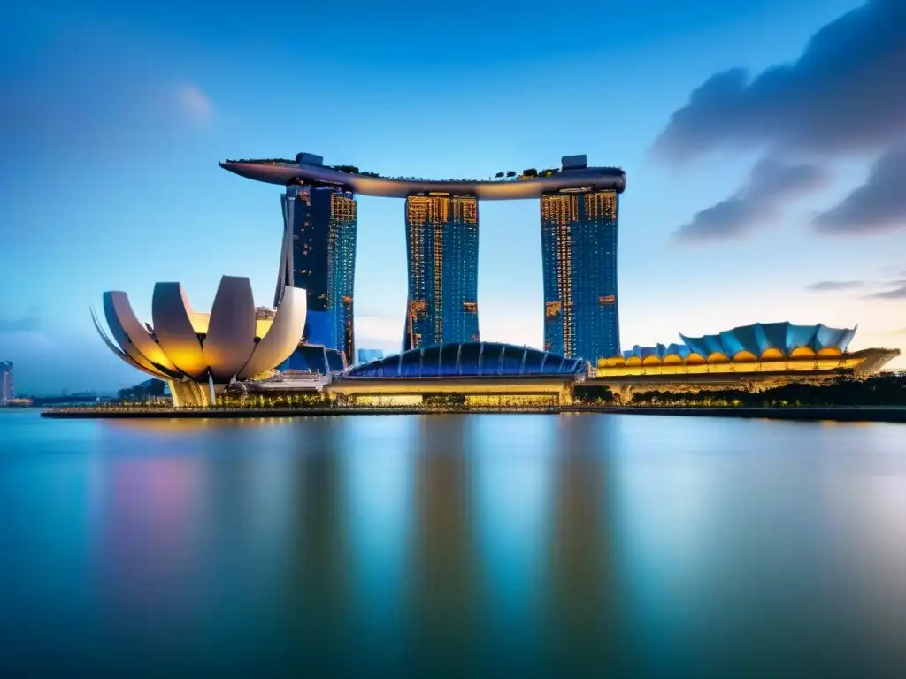 Skyline de Singapur: arquitectura moderna y éxito inmobiliario Vista detallada de Singapur al atardecer con Marina Bay Sands y el distrito financiero