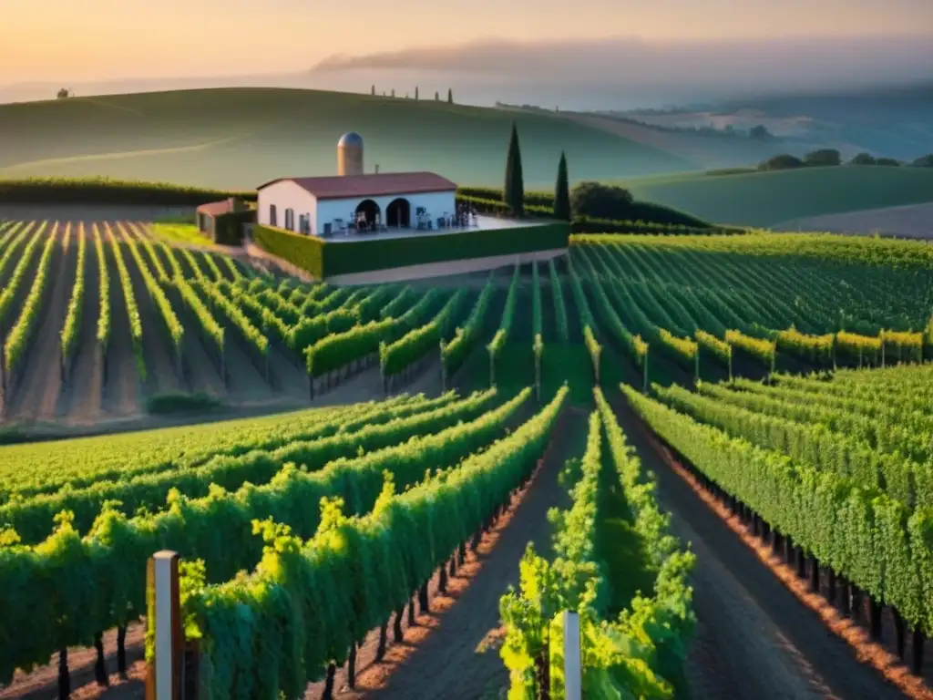 Viñedo moderno al atardecer: inversión exitosa en la industria vinícola Vista detallada de una bodega moderna al atardecer con viñedos verdes y modernas instalaciones de producción de vino
