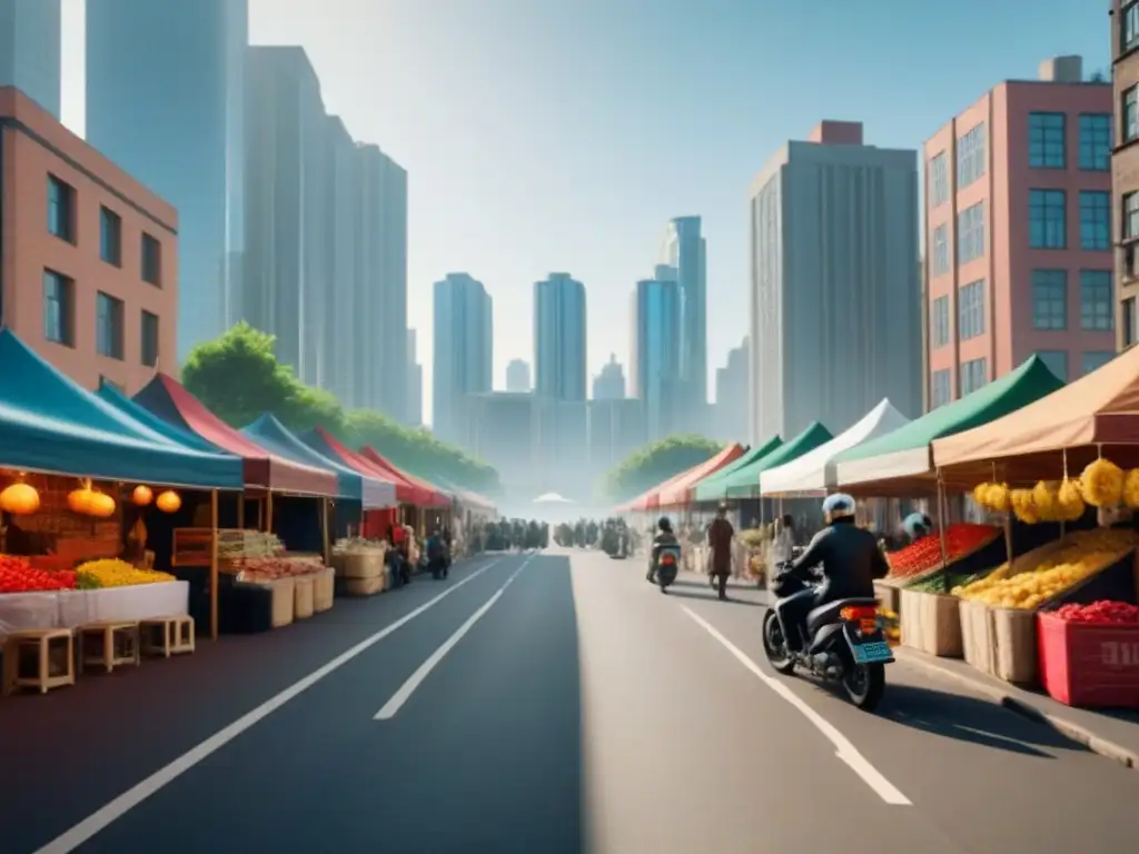 Skyline vibrante: mezcla de modernidad y tradición en ciudad emergente Vista detallada de una bulliciosa ciudad en un área urbana en desarrollo, con mercados emergentes y arquitectura tradicional