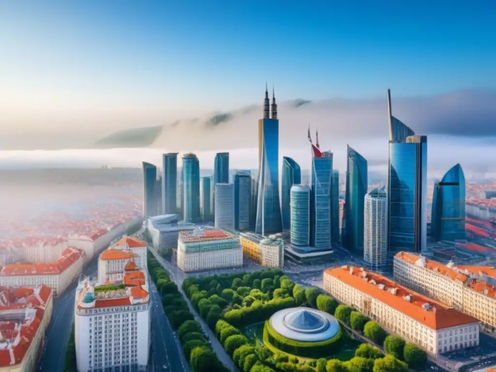 Horizonte urbano de Europa del Este: modernidad y tradición Vista detallada de una bulliciosa ciudad en Europa del Este, con rascacielos modernos y arquitectura histórica, bajo un cielo azul