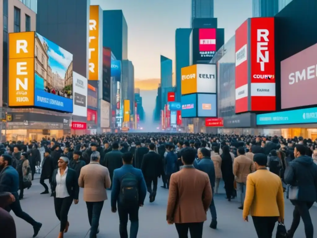 Metrópolis diversa con alta inflación y alquileres en múltiples idiomas Vista detallada de una bulliciosa ciudad en país con alta inflación, reflejando complejas regulaciones de alquiler
