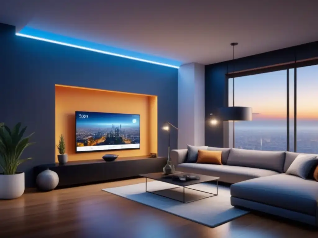 Smart Home Futurista con IoT en Ciudad Postpandemia Vista detallada de casa inteligente futurista con tecnología IoT en entorno urbano postpandemia, mostrando recuperación mercado inmobiliario IoT
