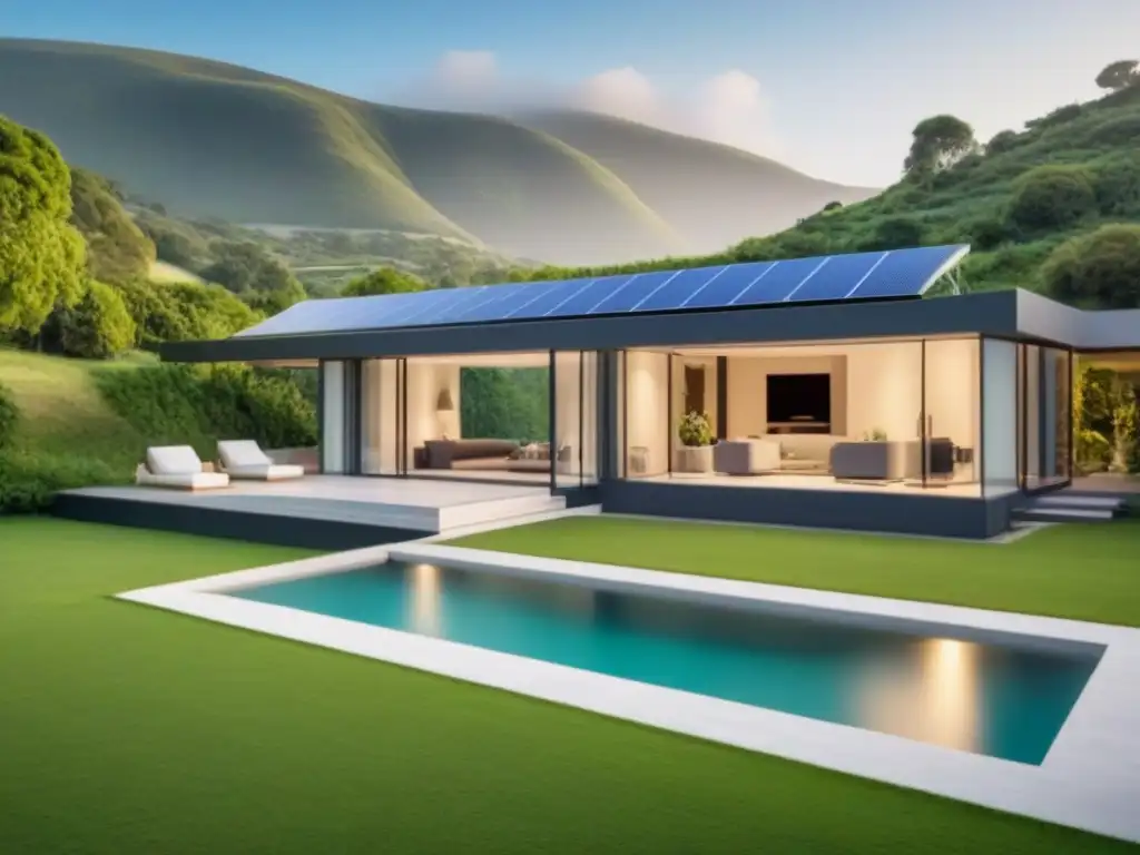 Smart home ecoeficiente: tecnología avanzada y diseño sustentable Vista detallada de casa inteligente futurista con tecnología ecoeficiente y paneles solares, rodeada de naturaleza