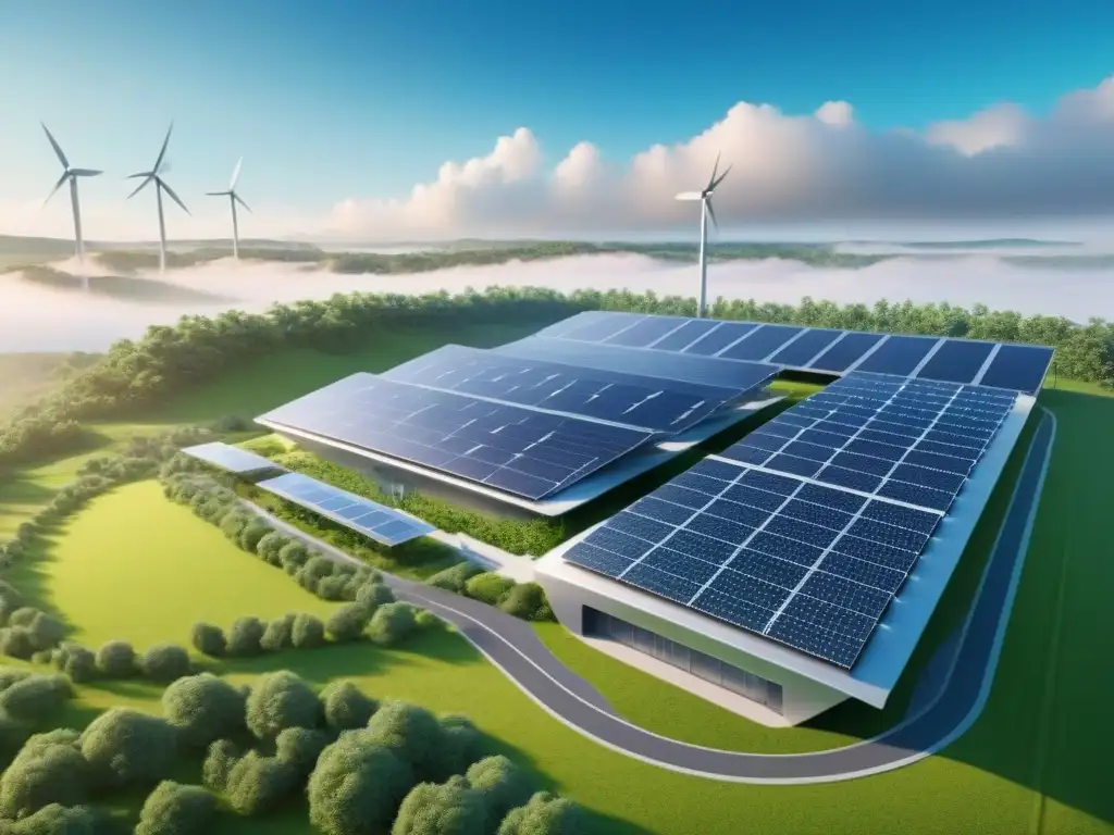 Centro de datos sostenible futurista en entorno verde Vista detallada de un centro de datos sostenible en paisaje verde con paneles solares y turbinas eólicas