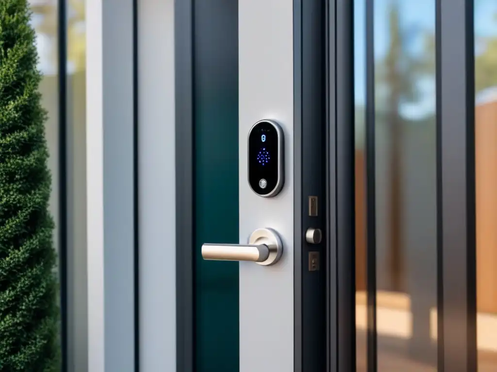 Smart lock de alta gama en puerta residencial de lujo Vista detallada de una cerradura inteligente de diseño futurista en una lujosa propiedad residencial