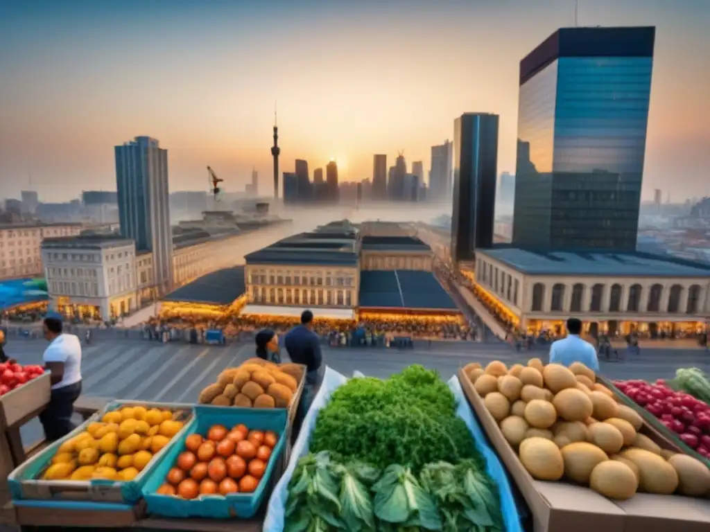 Cityscape en transición: tradición y modernidad al amanecer Vista detallada de una ciudad en transición al amanecer, con arquitectura tradicional y moderna, mercado bullicioso