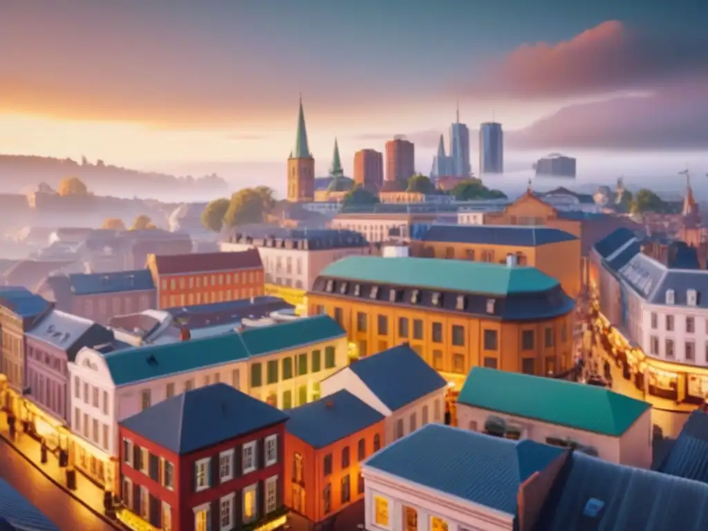 Atardecer vibrante en ciudad: fusión histórica y moderna Vista detallada de ciudad pequeña al atardecer, fusionando historia y modernidad con estrategias inmobiliarias ciudades pequeñas