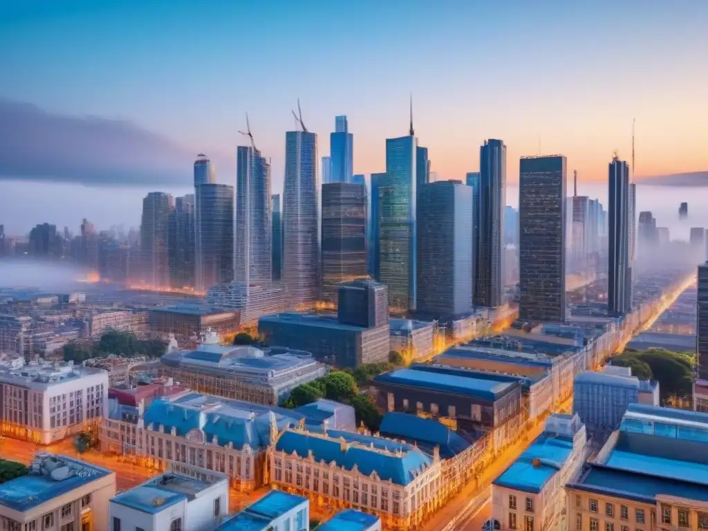Skyline moderno: arquitectura diversa en economía emergente Vista detallada de una ciudad bulliciosa con rascacielos modernos, calles llenas de gente y autos, y un cielo azul despejado
