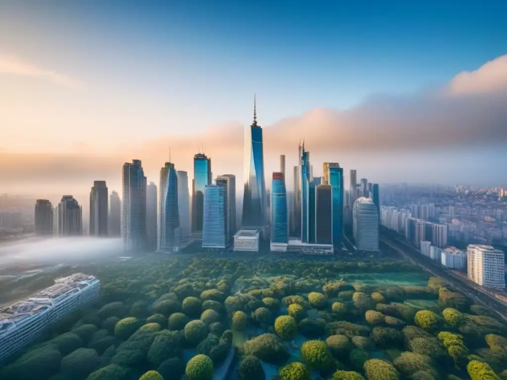 Horizonte urbano en 8k: mercado inmobiliario vibrante y próspero Vista detallada de una ciudad bulliciosa con rascacielos modernos, reflejando el sol en mercados inmobiliarios internacionales rentables