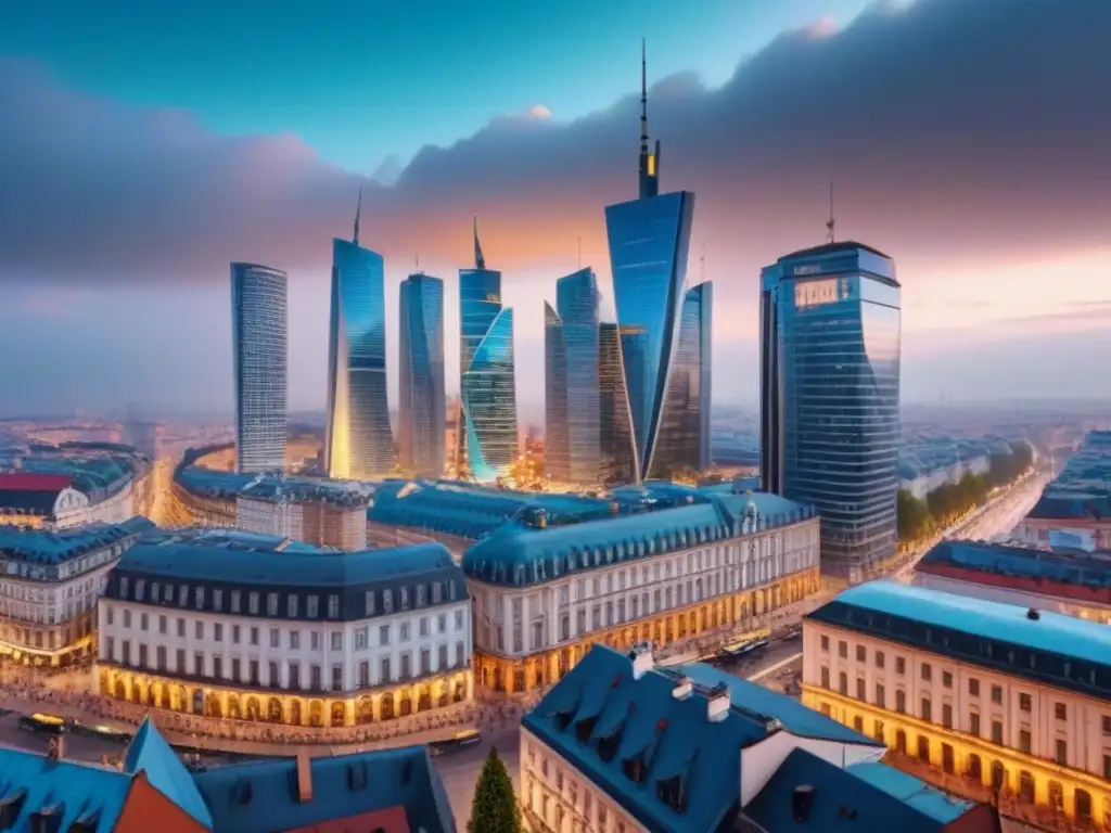 Mezcla urbana en Europa del Este: tradición y modernidad Vista detallada de una ciudad bulliciosa en Europa del Este, mostrando la mezcla entre arquitectura histórica y rascacielos futuristas