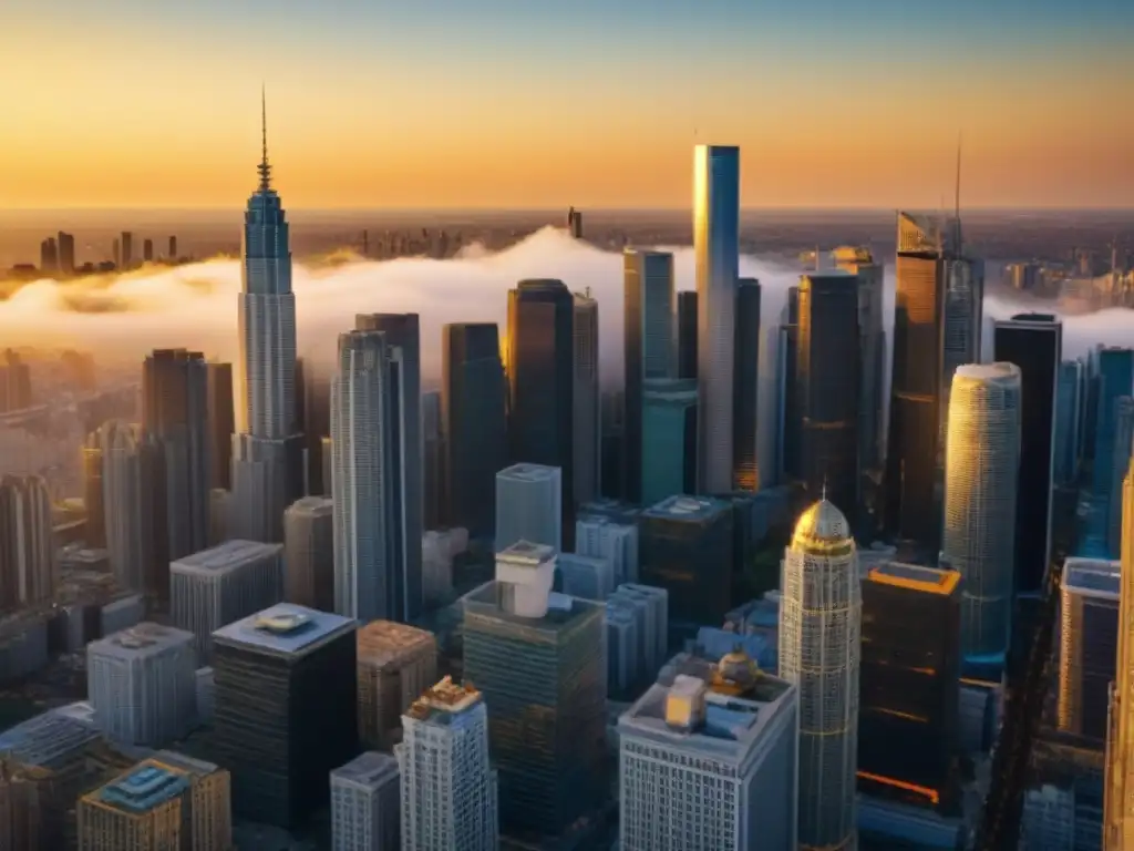 Inversión inmobiliaria: ciudad dorada de oportunidades Vista detallada de una ciudad bulliciosa al atardecer, fusionando rascacielos modernos con edificios históricos