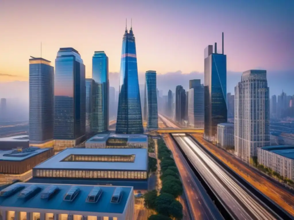 Skyline urbano al atardecer: inversión inmobiliaria en auge Vista detallada 8k de una ciudad bulliciosa al atardecer con rascacielos modernos iluminados
