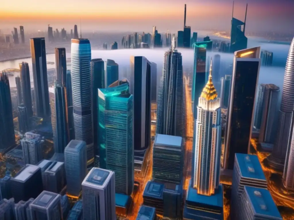 Metrópolis global: Oportunidades inmobiliarias internacionales Vista detallada de una ciudad bulliciosa con rascacielos, representando mercados inmobiliarios emergentes y migración global