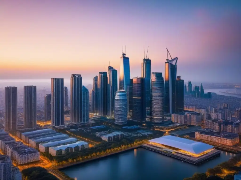 Horizonte urbano diverso: inversión inmobiliaria en mercado cambiante Vista detallada de una ciudad diversa al atardecer, reflejo de fluctuaciones cambiarias mercado inmobiliario