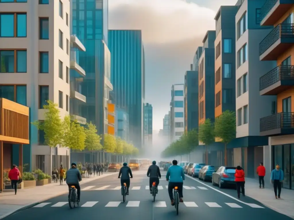 Inversión en vivienda asequible: ciudad diversa y dinámica Vista detallada de ciudad con diversidad de viviendas y personas, reflejando inversión vivienda asequible mercado volátil