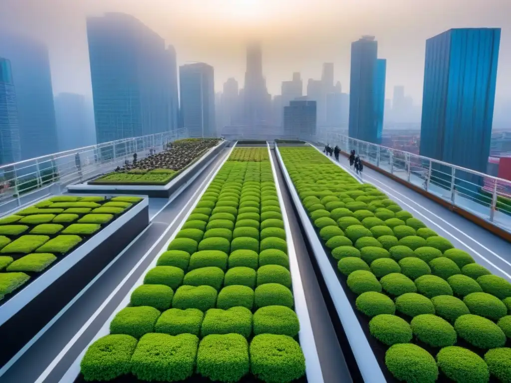 Cityscape sostenible: diseño moderno y eficiente en 8k Vista detallada de una ciudad con edificaciones sostenibles en un mercado inmobiliario vibrante