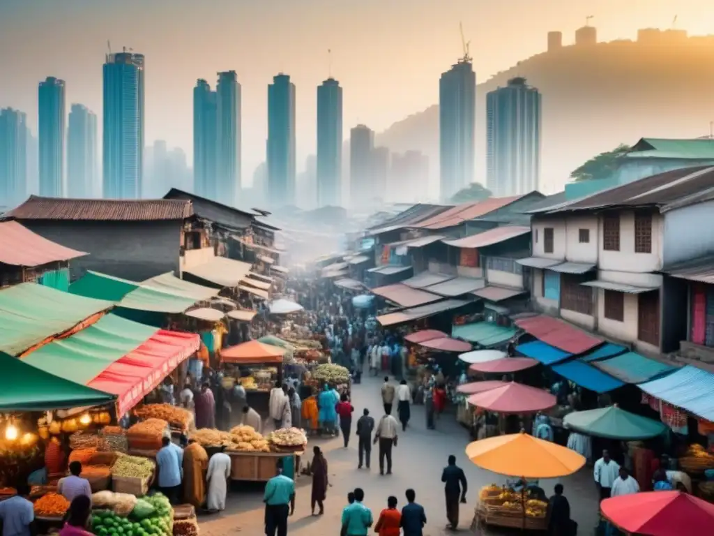 Contraste urbano: mercado emergente entre tradición y modernidad Vista detallada de ciudad emergente, con mezcla de estilos arquitectónicos reflejando el impacto de políticas en sector inmobiliario emergente