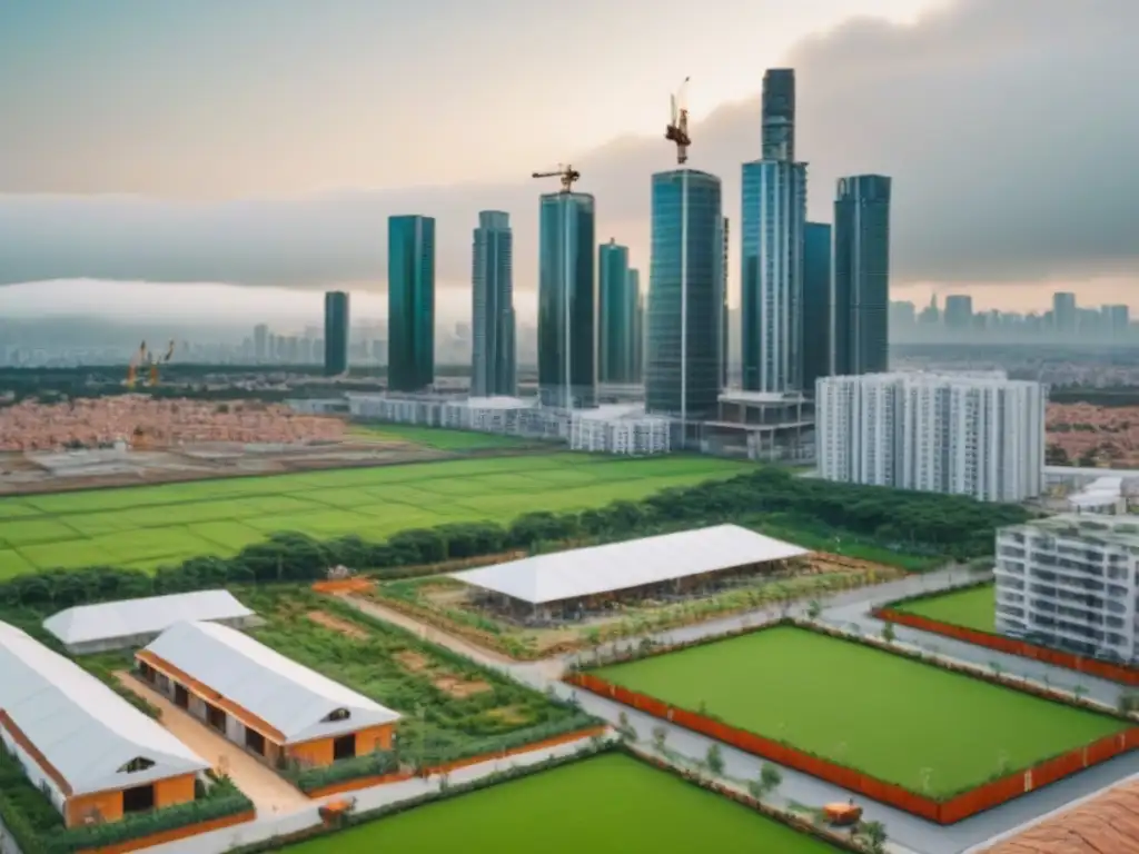 Vibrante paisaje urbano en mercado emergente: pasado y futuro Vista detallada de ciudad emergente con mezcla de arquitectura tradicional y moderna
