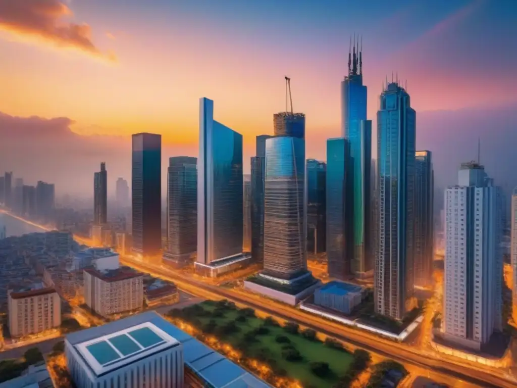 Horizonte urbano dinámico al atardecer en economía emergente Vista detallada de ciudad emergente al atardecer