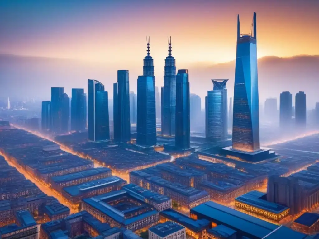 Cityscape futurista: mezcla de modernidad y tradición en 8K Vista detallada de una ciudad futurista con rascacielos de vidrio y elementos arquitectónicos tradicionales