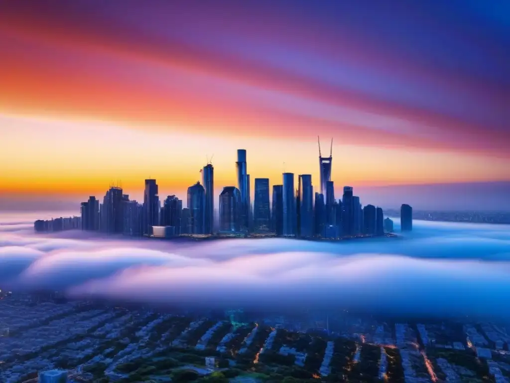 Horizonte urbano futurista: inversión inmobiliaria global Vista detallada de una ciudad futurista con rascacielos reflejando el atardecer, simbolizando oportunidades de inversión y crecimiento financiero en bienes raíces