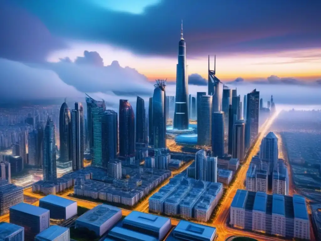 Metrópolis futurista: mercado inmobiliario internacional en 8k Vista detallada de una ciudad futurista con rascacielos, transporte avanzado y un mercado inmobiliario internacional vibrante