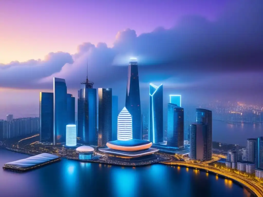 Horizonte futurista: integración de inversión inmobiliaria y criptomonedas Vista detallada de ciudad futurista al anochecer con rascacielos y activos digitales, simbolizando la integración de invertir en bienes raíces y transacciones de criptomonedas