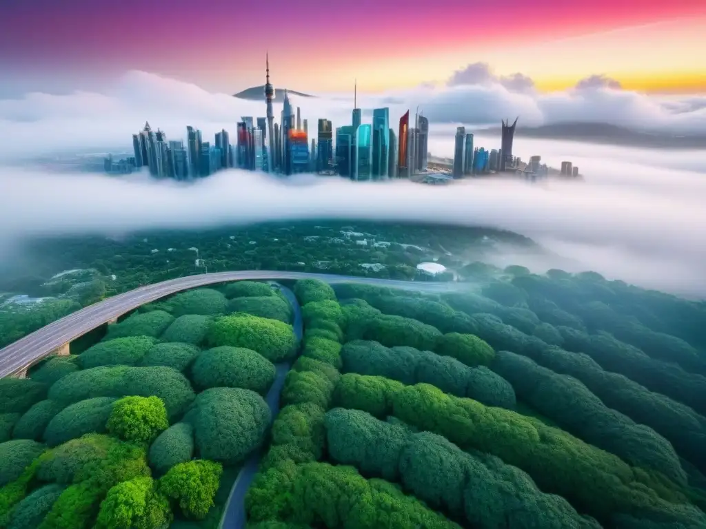 Revolución inmobiliaria: arquitectura moderna y naturaleza Vista detallada de ciudad futurista con arquitectura sostenible integrada en naturaleza