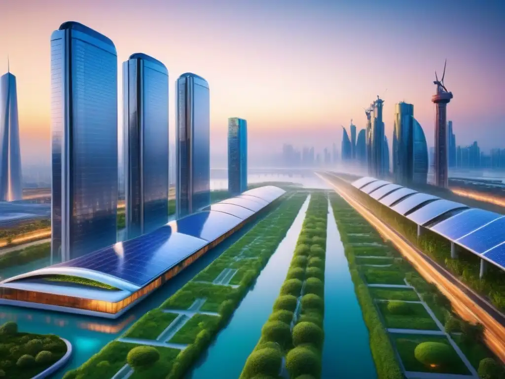 Horizonte futurista sostenible: ciudad ecoeficiente en 8k Vista detallada de una ciudad futurista sostenible al anochecer, con rascacielos ecoeficientes y naturaleza exuberante