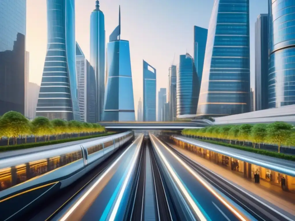 Metrópolis futurista: paisaje urbano de vanguardia en 8k Vista detallada de una ciudad futurista con rascacielos y transporte avanzado