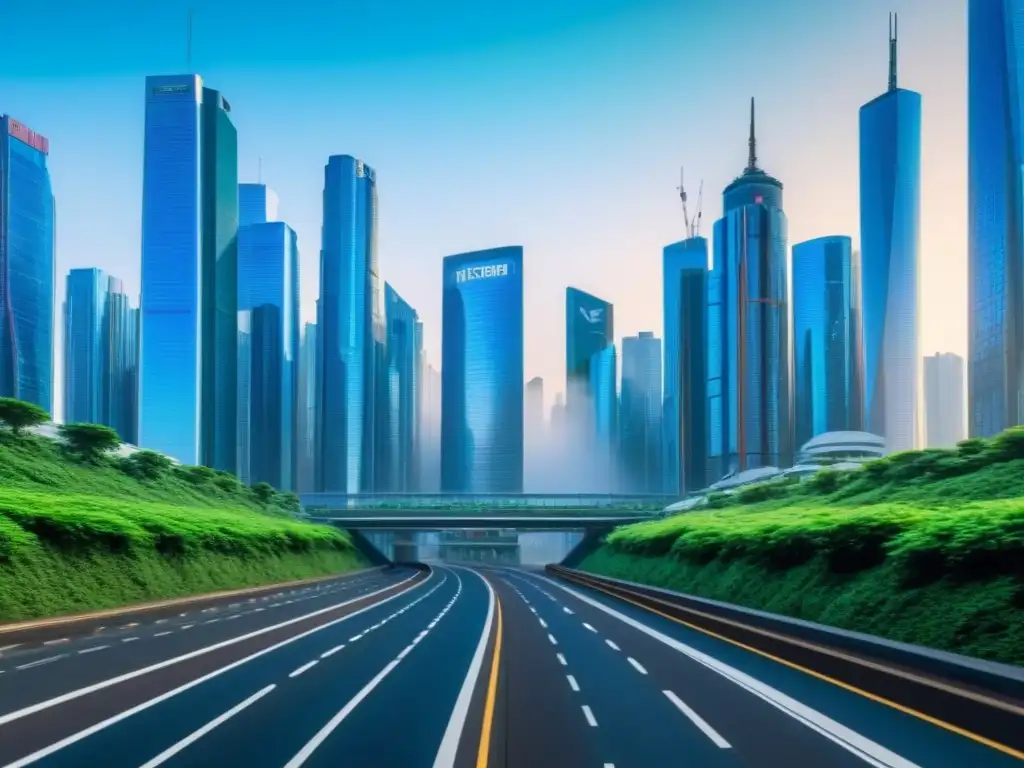 Metropolis futurista con datos de criptomonedas en tiempo real en 8k Vista detallada de una ciudad futurista con rascacielos y pantallas de criptomonedas, rodeada de vegetación, bajo un cielo azul digital