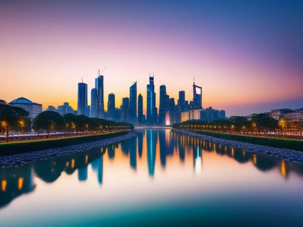 Horizonte futurista: ciudad moderna al anochecer Vista detallada de una ciudad futurista al anochecer, con rascacielos brillantes reflejados en un río tranquilo