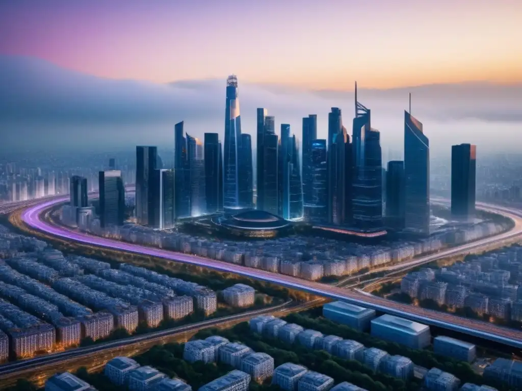 Skyline futurista: arquitectura innovadora en una metrópoli vibrante Vista detallada de ciudad futurista con rascacielos, normativas construcción ubicaciones inversión