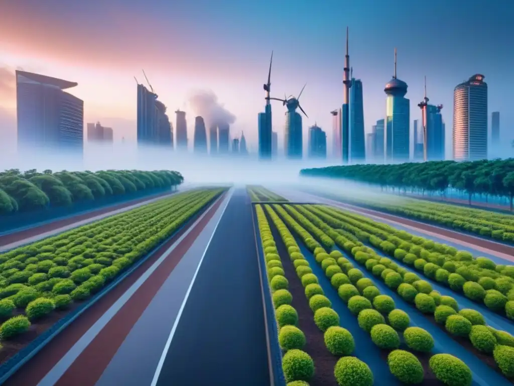 Skyline futurista sostenible: ciudad ecoamigable en 8k Vista detallada de una ciudad futurista sostenible al anochecer, con edificios ecoamigables y tecnología verde