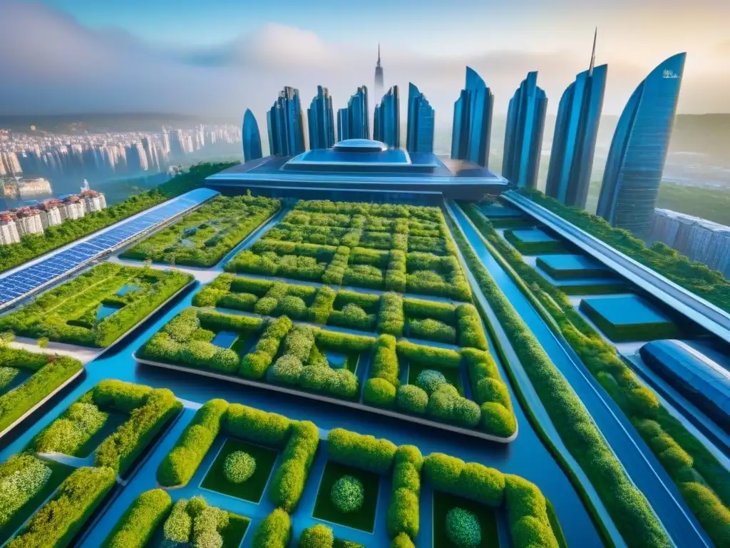 Cityscape sostenible del futuro: LEED y BREEAM en acción Vista detallada de ciudad futurista con edificios sostenibles, certificaciones LEED y BREEAM, techos verdes y paneles solares