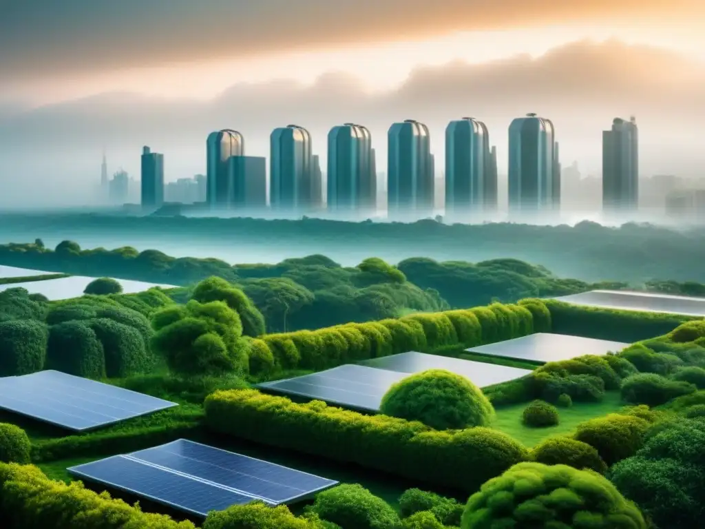 Skyline verde: ciudad futurista sostenible en 8K Vista detallada en 8K de una ciudad futurista con edificios verdes y paneles solares, ilustrando el desarrollo urbano sostenible