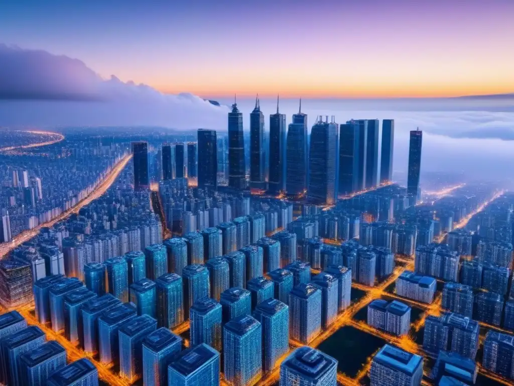 Metrópolis futurista: integración de blockchain en bienes raíces Vista detallada de una ciudad futurista con rascacielos interconectados, símbolos de criptomonedas y drones en el cielo