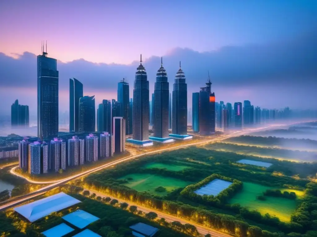 Metrópolis futurista: innovación y conectividad global en arquitectura eco Vista detallada de una ciudad futurista al anochecer, con rascacielos innovadores iluminados por luces neón y rodeados de vegetación exuberante