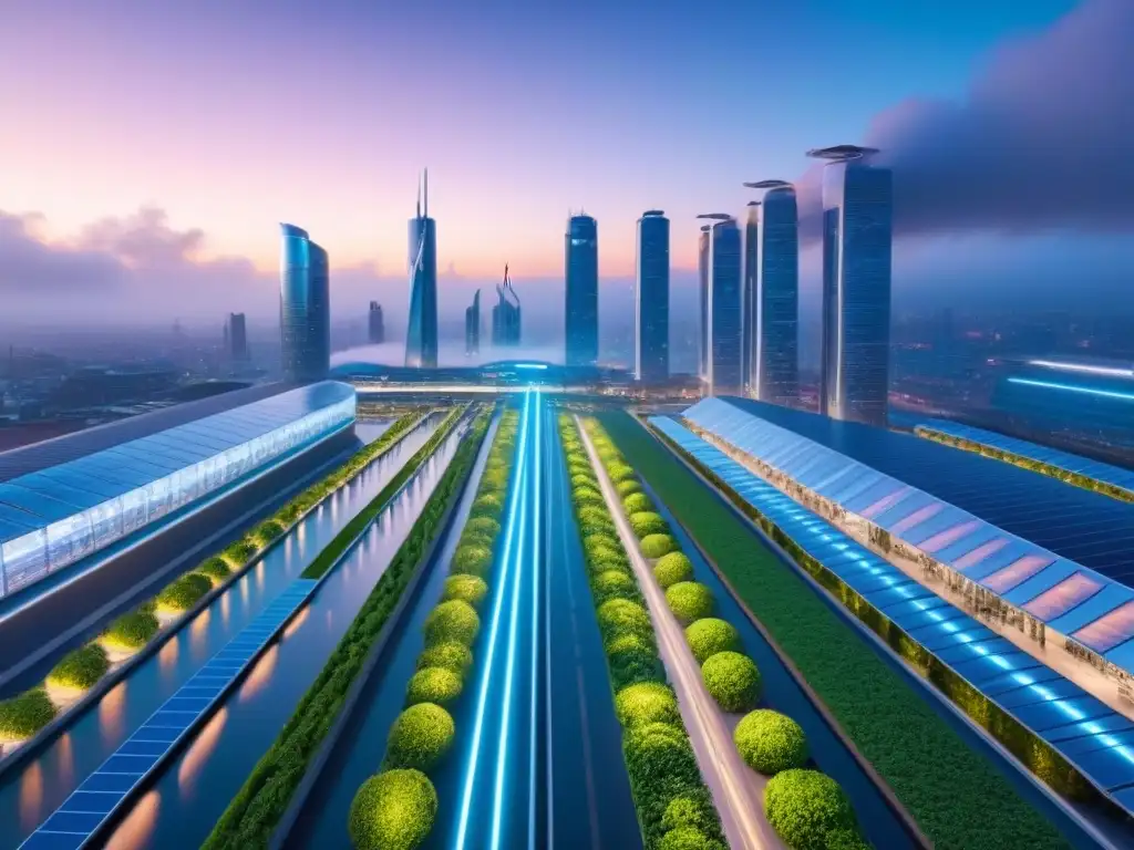 Skyline futurista: ciudad inteligente y sostenible en 8k Vista detallada de una ciudad inteligente futurista al atardecer, con edificios sostenibles y tecnología urbana avanzada