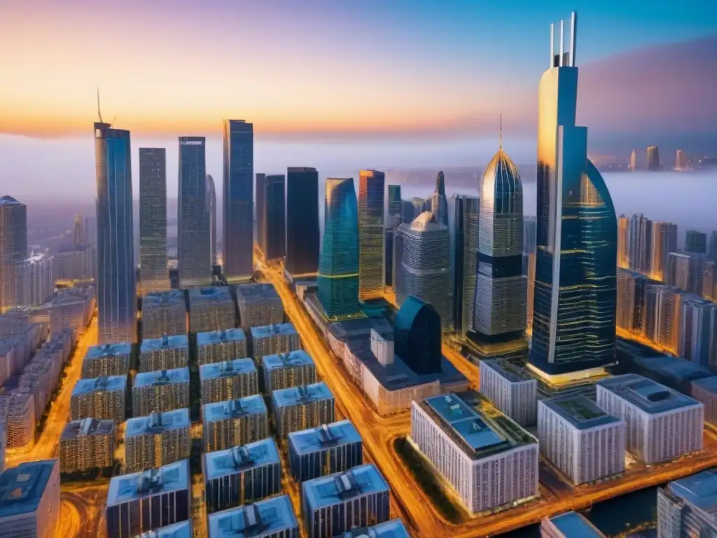 Horizonte urbano sofisticado al atardecer: inversión inmobiliaria vibrante Vista detallada de la ciudad al anochecer, reflejando un mercado inmobiliario vibrante