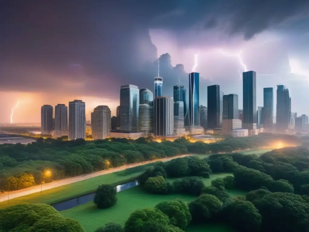 Skyline urbano al atardecer: ciudad resiliente ante tormenta Vista detallada de ciudad moderna al atardecer, con tormenta acercándose