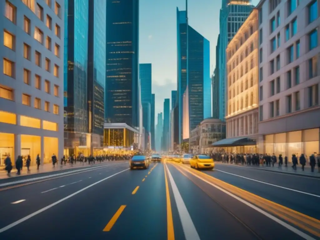 Metrópolis moderna: auge inmobiliario global Vista detallada de una ciudad moderna y bulliciosa con rascacielos, simbolizando oportunidades inversión inmobiliaria regulaciones fiscales