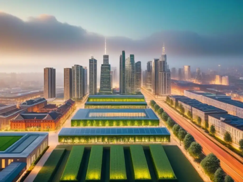 Skyline urbano: arquitectura moderna y sostenible en 8k Vista detallada de una ciudad moderna con normativas seguridad inversores inmobiliarios internacionales