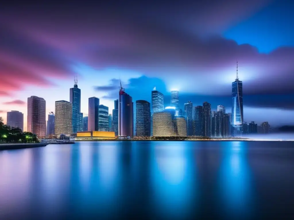 Horizonte urbano moderno: skyline de ciudad en 8k al atardecer Vista detallada de una ciudad moderna al anochecer, con rascacielos iluminados y reflejos en el agua