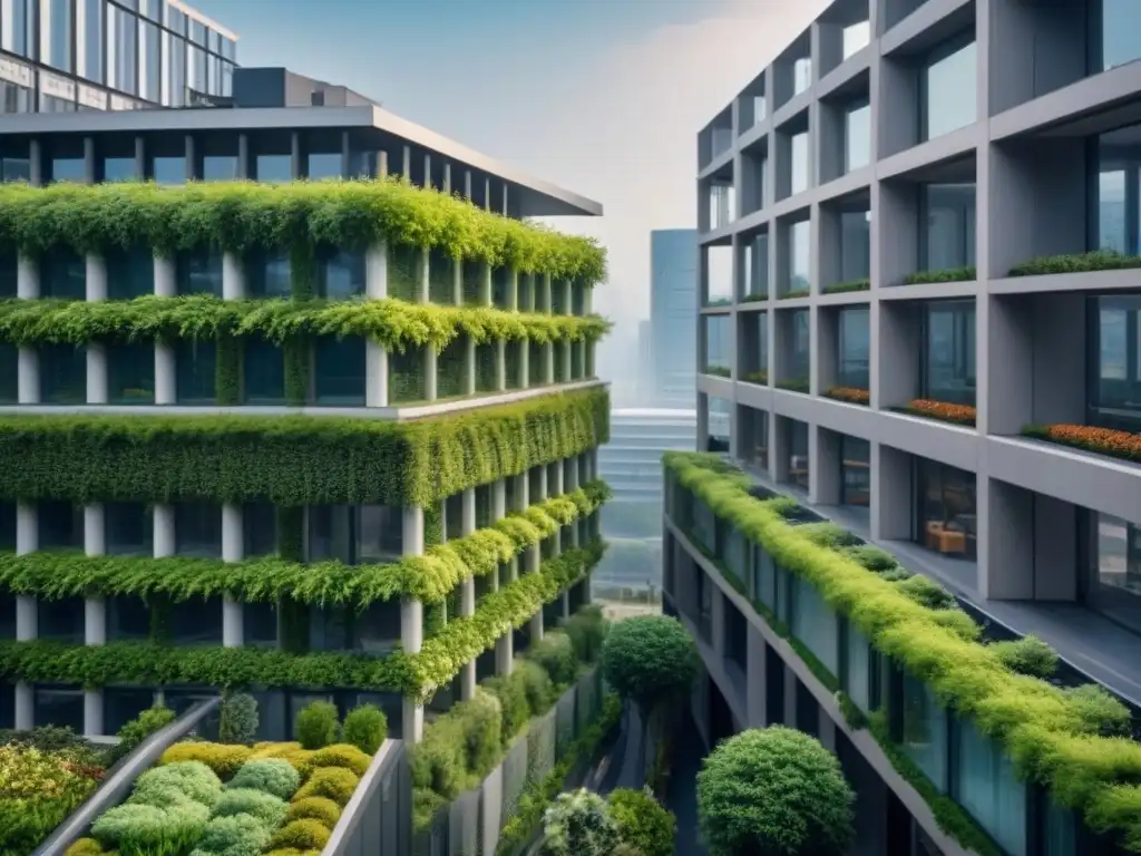 Edificio sostenible en ciudad moderna con vegetación integrada Vista detallada de una ciudad moderna con edificio existente edificación verde, integrando naturaleza en su diseño sostenible