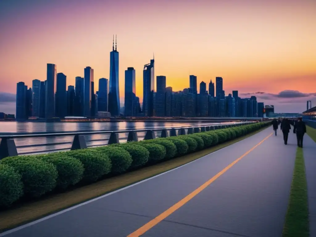 Horizonte urbano moderno en alta definición: atardecer en la gran ciudad Vista detallada de una ciudad moderna al anochecer, con rascacielos iluminados reflejando el sol