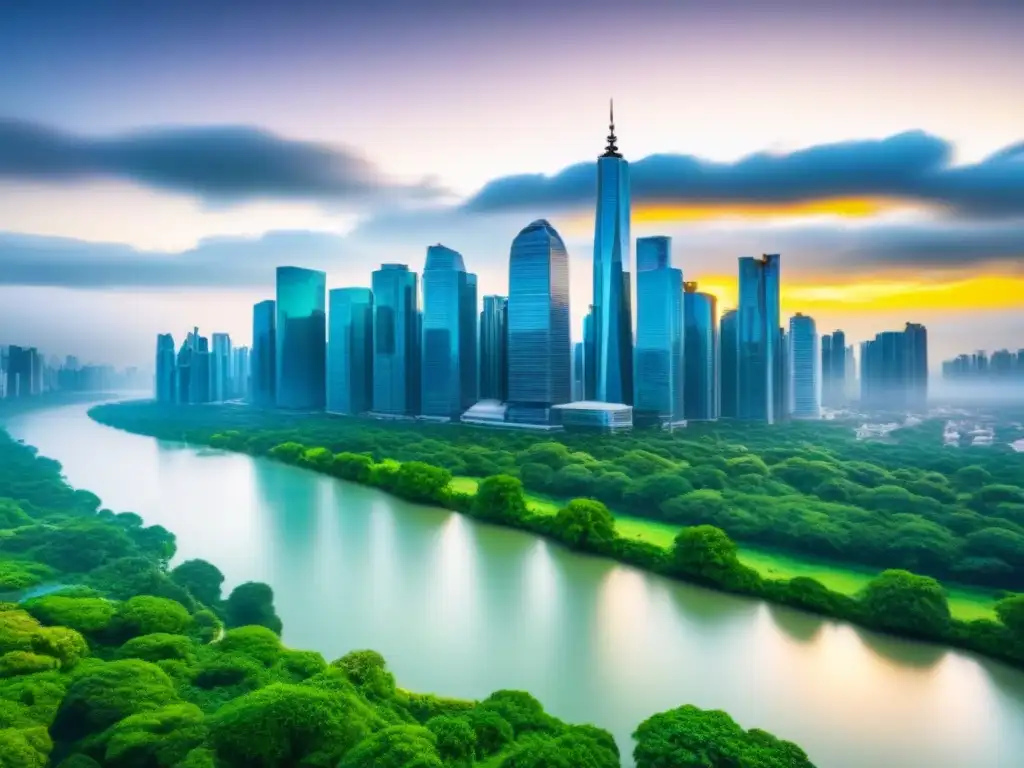 Horizonte urbano: ciudad moderna y naturaleza interconectadas Vista detallada de una ciudad moderna con rascacielos y parques verdes, reflejando la luz del sol, simbolizando el impacto de fluctuaciones cambiarias en el mercado inmobiliario