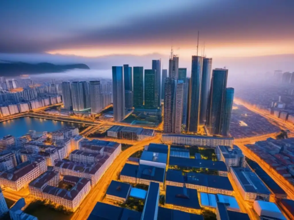 Skyline moderno con red blockchain integrada Vista detallada de una ciudad moderna con líneas de red blockchain integradas en los edificios, simbolizando transacciones seguras en bienes raíces